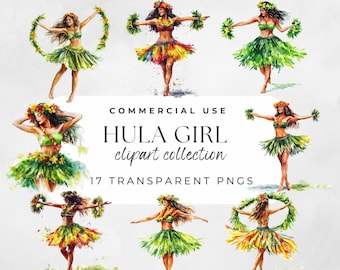 Hula Girl Clipart Hawaiian Tropical Aloha Watercolor Luau Girl Dancer Hula Girl Island Party Summer Decor Printable Art