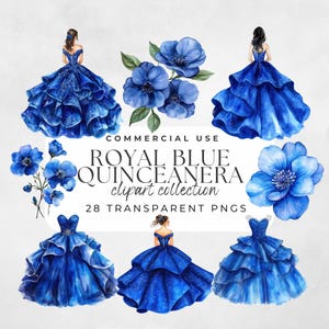 Royal Blue Quinceanera Clipart, Princesa Acuarela, Tema Quinceañera, Vestido Azul Real, Quinceañera Royal Blue Flowers, Mis Quince Clipart