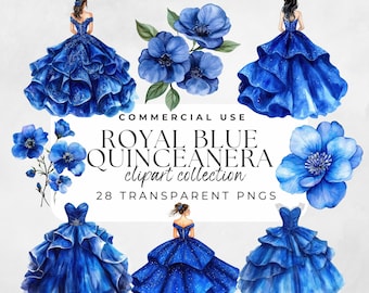 Clipart de Quinceañera Azul Real Tema de Princesa en Acuarela Vestido Azul Real Quinceañera Flores Azul Real Mis Quince Azuel Rey Baile de Graduación