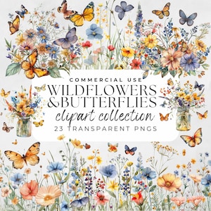 Wildblumen Clipart, Schmetterling Clipart, Wildblumen Png, Schmetterlinge ClipArt, Aquarell Schmetterling, Wildblumen Svg, Schmetterling Wildblume