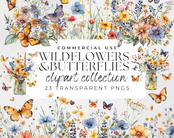 Wildflowers Clipart, Butterfly Clipart, Wildflowers Png, Butterflies Clip Art, Watercolor Butterfly, Wildflower Svg, Butterfly Wildflower