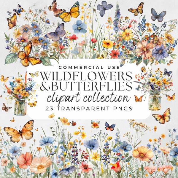 Wildflowers Clipart, Butterfly Clipart, Wildflowers Png, Butterflies Clip Art, Watercolor Butterfly, Wildflower Svg, Butterfly Wildflower