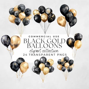 Zwart goud ballon clipart, nieuwjaar clipart, partij clipart, viering clipart, ballon illustraties, ballonnen verjaardag, aquarel folie