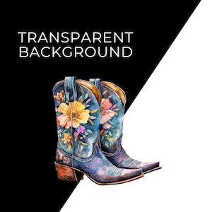 Artistic Watercolor Boots Floral Design Collection Western Style Illustration Cowgirl Boot Graphics Digital Download Art Transparent Background Images Nursery Wall Decor Baby Shower Elements Rustic Wedding Components Printable Project