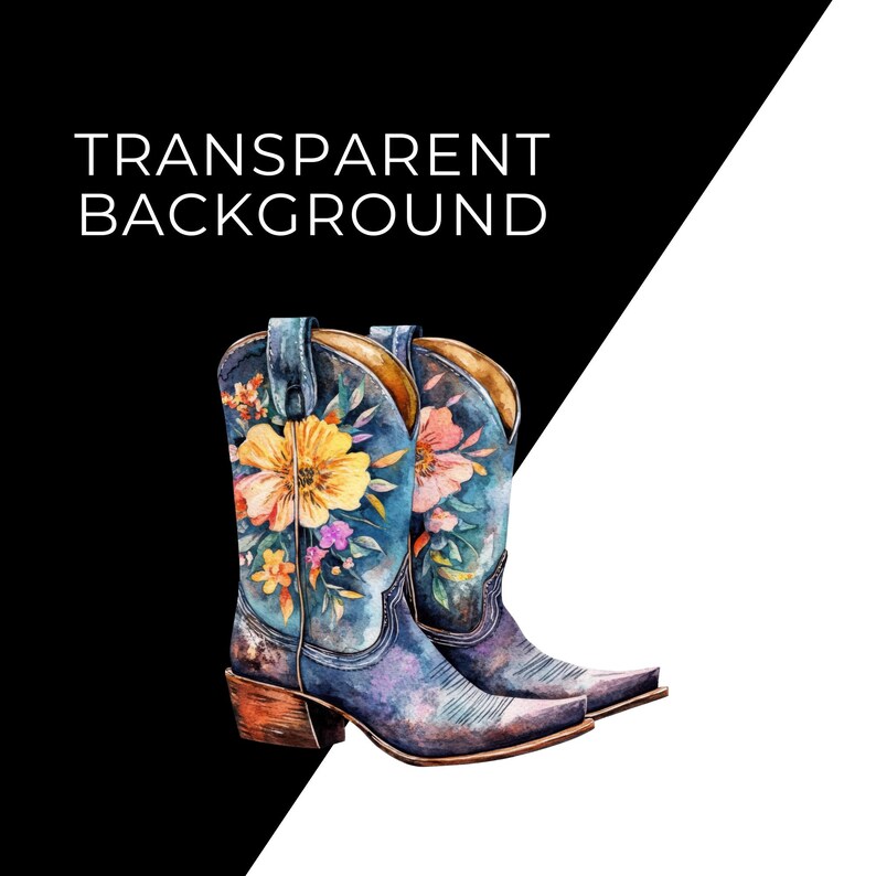 Artistic Watercolor Boots Floral Design Collection Western Style Illustration Cowgirl Boot Graphics Digital Download Art Transparent Background Images Nursery Wall Decor Baby Shower Elements Rustic Wedding Components Printable Project