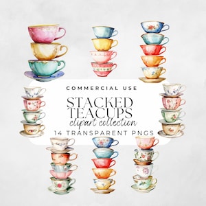 Clipart di una pila di tazze da tè, Clipart di una festa del tè, Clipart dell'ora del tè, Invito a una festa del tè, Clipart di una tazza da tè con rose, Festa del tè vintage, Tazze da tè vintage in formato PNG