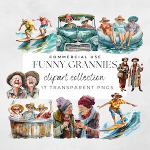 Funny Old Ladies Clipart, Grandma Elderly Watercolor Clipart, Cheerful Old Lady, Grannies Old Aged, Cute Grandma, Cartoon Grandmother Art