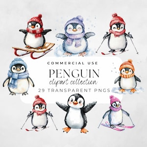 Imágenes prediseñadas de pingüino lindo, pingüino png, imágenes prediseñadas de invierno, pingüino de acuarela, pingüino de invierno, imágenes prediseñadas de animales, imágenes prediseñadas de pingüino bebé, pingüino esquiando
