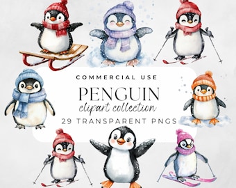 Cute Penguin Clipart Penguin png Winter Clipart Watercolor Penguin Winter Penguin Animal Clipart, Baby Penguin Clipart, Skiing Penguin