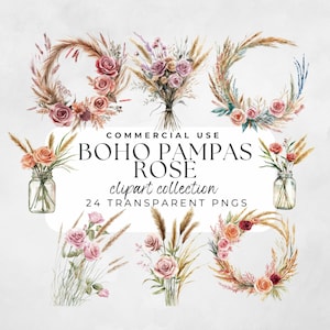 Boho Pampas Rose Clipart, Clipart floral Boho, aquarelle de fleurs, herbe de la pampa Png, Clipart herbe de la pampa, bouquets bohèmes, fleurs Boho
