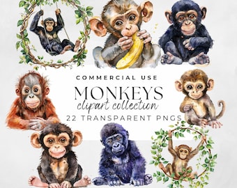 Watercolor Monkey Cute Monkey Png Animal Graphics Nursery Wall Art Cute Monkey Clipart Baby Shower Clipart, Baby Monkey Clipart