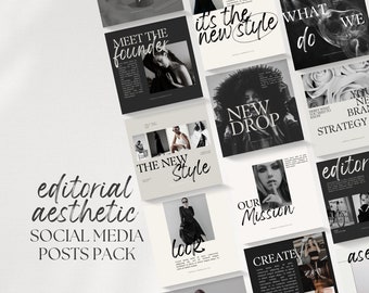 May include: A collection of social media post templates featuring black and white photography with text overlays. The text includes phrases like "Meet the Founder", "The New Style", "What We Do", "New Drop", "Our Mission", and "Create".