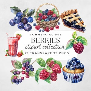 May include: Watercolour clipart collection of berries, including blueberries, raspberries and strawberries. The collection includes 21 transparent PNG files for commercial use.