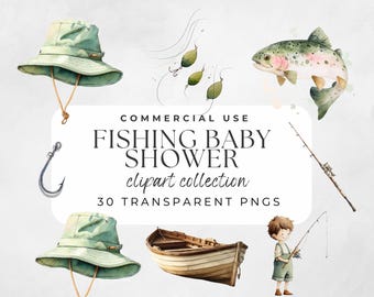 Fishing Baby Shower Clipart Watercolor Gone Fishing Set Hand-painted Boy PNG Bundle Graphics for Invites Commercial Use