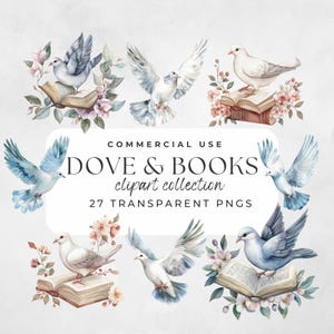 Dove and Book Clipart, Dove Clipart, Bird Clipart, Birds and Flowers, Watercolor Dove PNG, Christian Clipart, Floral Dove, Love Birds