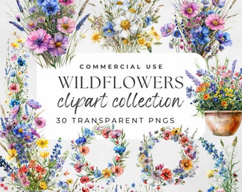 Wildflowers Clipart Delicate Flowers Meadow Flowers Watercolor Wild Flowers Wildflower Wreath Tiny Flowers, Frame Botanical PNG Spring