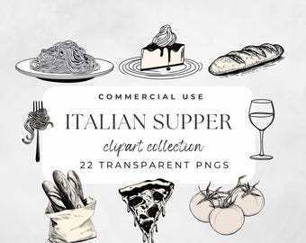 Italian Dinner Clipart Hand-Drawn Illustrations Supper Icons Food Doodles Italian Wedding Theme Pasta Pizza Wine for Menu Decor