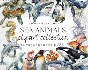Sea Creatures Clipart Watercolor Underwater Clipart Sea Creatures PNG Fish Clipart Sea Animals Clipart Watercolor Animals, Ocean Animal