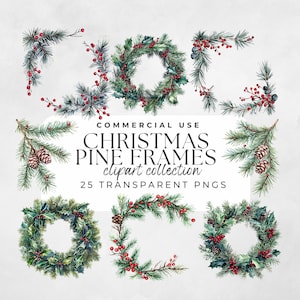 May include: A set of 25 watercolor Christmas pine frames clipart. The frames are made of pine branches, holly, berries, and pine cones. The frames are perfect for adding a touch of holiday cheer to your designs.