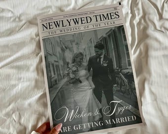 Personalisierbare Hochzeitszeitung Vorlage The Newlywed Times – DIY Canva Template zum Sofort-Download für Hochzeit & Geschenkidee