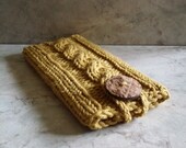 iPhone XS Max and earlier, Samsung Galaxy S10 Plus and earlier, Note 3-9 Sleeve Mustard Light Brown Handmade Coconut Button Crocheted Loop