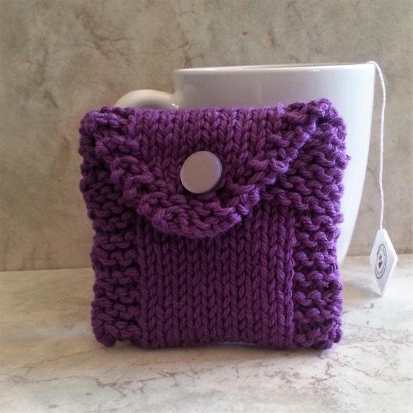 Tea Bag Tote, Tea Bag Wallet, Cotton Handknit, Purple Gift under 18.00