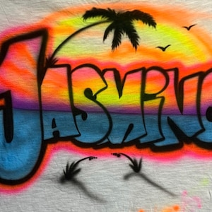 Custom Airbrush Beach Name Shirt – Add Any Name! Neon or Glitter T-Shirt • Personalized Spray Paint Tee • Fast Shipping Gift Idea