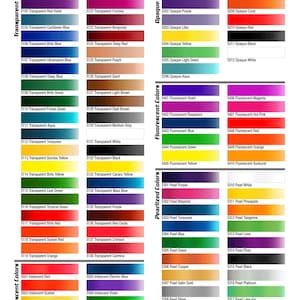 Peut inclure: Nuancier de couleurs pour a&eacute;rographe, pr&eacute;sentant une large gamme de teintes. Le nuancier est organis&eacute; par type de couleur, notamment les couleurs transparentes, opaques, fluorescentes, nacr&eacute;es et iridescentes. Le texte en bas se lit : "Thank You For Your Business."
