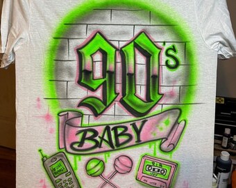 Babyshirt jaren 90 - custom airbrush shirt verfspuitbus - kinderen - volwassenen - feest - vakantie - cadeau