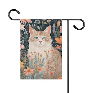 Bandera de jardín con diseño de gato floral, estilo cottagecore, bandera de jardín, bandera de casa, bienvenida, regalo