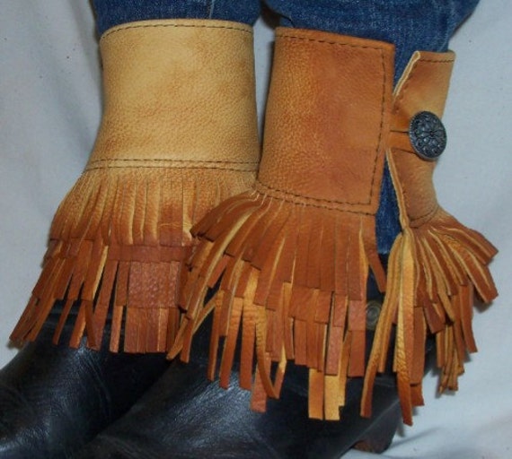 Items similar to Leather Boot Fringe Cuff Ankle Wrap Fringed Leather