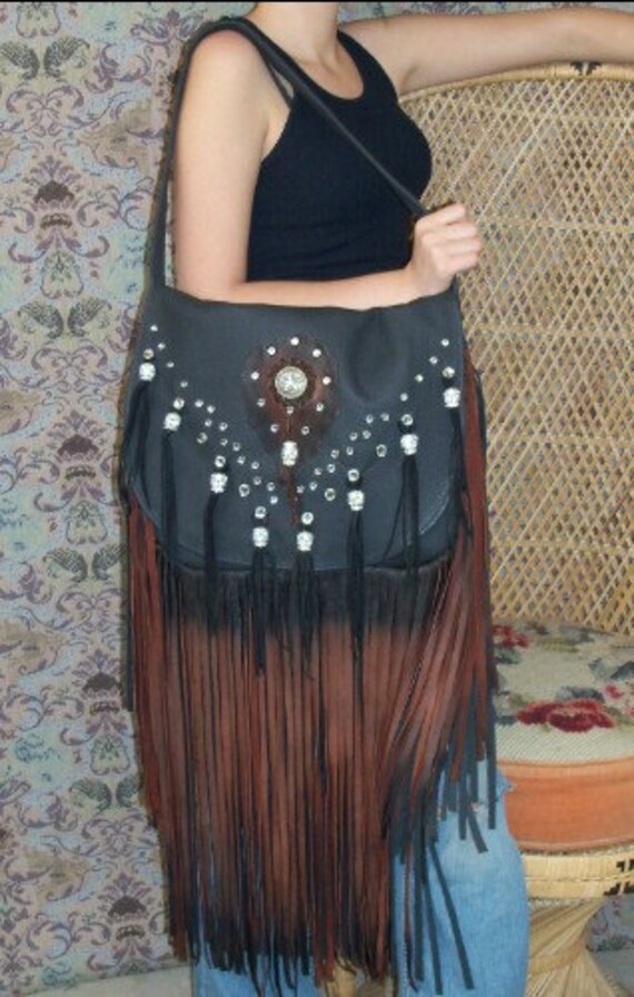 Leather Designer Handbag Fringe Purse with Bling Extra Large Etsy