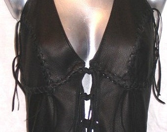 Black Leather Halter Top GAME oF THRONES COMICON Renaissance Bustier Steampunk Waist Cincher Pirate Corset Hand Made by Debbie Leather