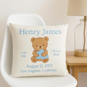 Gepersonaliseerde geboortekussen baby, custom en naam, statistieken, teddybeer, babyshowercadeau, decor kinderkamer, pasgeboren aandenken