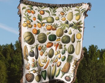 Vintage Fruit Woven Throw Blanket, Charles Darwin-Inspired Botanical Illustration, Naturalist Drawing Wall Hanging, Cotton Fringed Throw