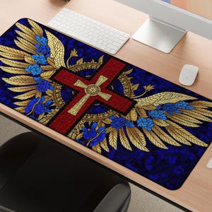 Christian Cross Desk Mat: Vitray Design, Religious Office Decor