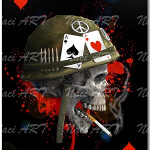 May include: A skull wearing a military helmet with peace sign and holding a cigarette. Two playing cards are attached to the helmet, an ace of spades and an ace of hearts. The background is black with red splatters.