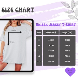 May include: A size chart for a unisex jersey t-shirt, with measurements in centimeters. The chart includes sizes S, M, L, XL, and 2XL, with corresponding width and length measurements. The text "SIZE CHART" is at the top.
