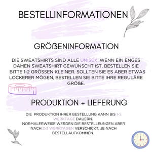 Puede incluir: Un gr&aacute;fico informativo con un fondo de pincelada de color violeta claro y texto en negro. Incluye los encabezados BESTELLINFORMATIONEN, GR&Ouml;BENINFORMATION y PRODUKTION + LIEFERUNG, junto con un icono de cinta m&eacute;trica y un icono de reloj.