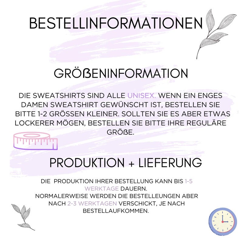 Puede incluir: Un gr&aacute;fico informativo con un fondo de pincelada de color violeta claro y texto en negro. Incluye los encabezados BESTELLINFORMATIONEN, GR&Ouml;BENINFORMATION y PRODUKTION + LIEFERUNG, junto con un icono de cinta m&eacute;trica y un icono de reloj.