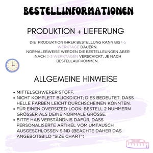 May include: A white background with black text that reads "BESTELLINFORMATIONEN" and "PRODUKTION + LIEFERUNG". Below, it states that production can take 1-5 business days. Additional text provides general information about the product.
