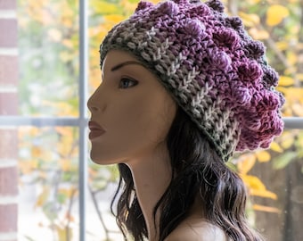 BOBBLEs HAT -  Original design women crochet bulky yarn warm fall/winter hat with bobbles stitch in Shades of Purple and Pink