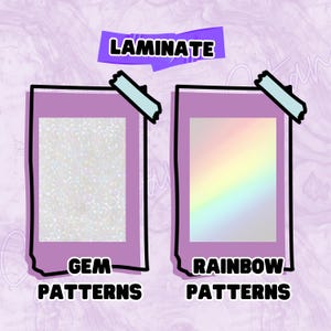 Puede incluir: Dos l&aacute;minas rectangulares sobre un fondo morado. La l&aacute;mina de la izquierda presenta un patr&oacute;n de gemas plateadas, mientras que la de la derecha muestra un degradado de arco&iacute;ris. Incluye el texto LAMINATE, GEM PATTERNS y RAINBOW PATTERNS.