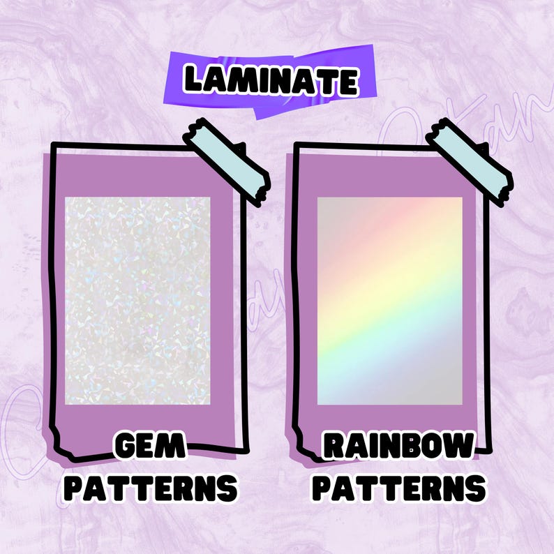 Puede incluir: Dos l&aacute;minas rectangulares sobre un fondo morado. La l&aacute;mina de la izquierda presenta un patr&oacute;n de gemas plateadas, mientras que la de la derecha muestra un degradado de arco&iacute;ris. Incluye el texto LAMINATE, GEM PATTERNS y RAINBOW PATTERNS.
