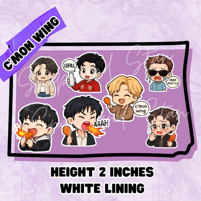 Puede incluir: Un conjunto de siete pegatinas estilo chibi sobre un fondo morado. Las pegatinas muestran varias expresiones, incluyendo personajes comiendo pollo frito con llamas, sosteniendo una botella de leche y llorando. Texto: C'MON WING, LEFILL, AAAH y men dont cry. Altura 5,08 cm, borde blanco.