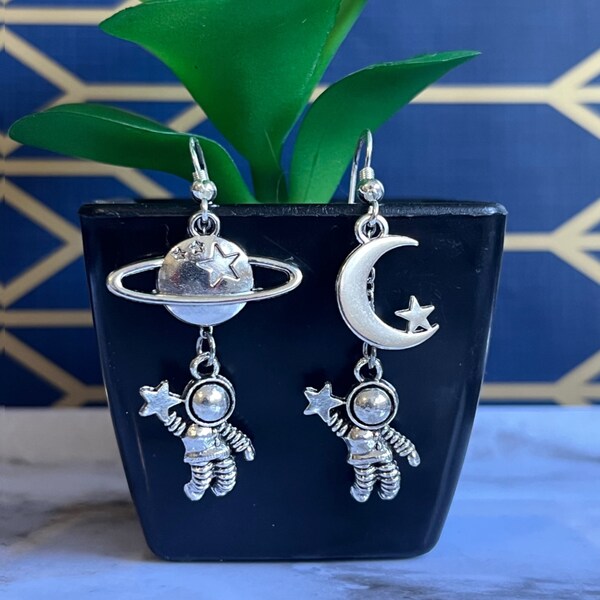 Handmade  Unique Dangle Astronaut Earrings - Outer Space Fashion Jewelry -Cool Weird Novelty Earrings - Planet Moon and Star