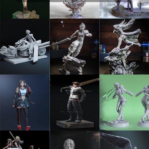 Puede incluir: Colección de figuras grises de personajes de fantasía impresas en 3D. La imagen incluye varios personajes en poses dinámicas, algunos con armas, y el texto "FANTASY STL PACK" y "Google Drive".