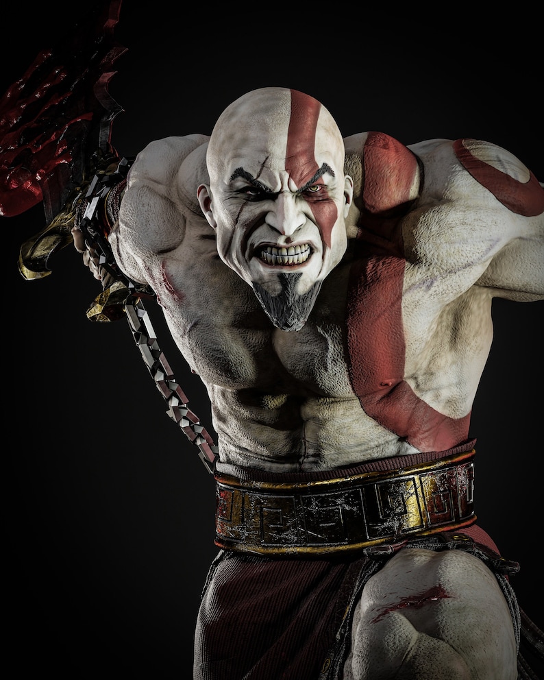 May include: A detailed statue of a muscular character with a bald head, a red stripe across the face, and red markings on the body. The character has a stern expression and is wearing a belt with gold accents. A weapon is visible on the left side.