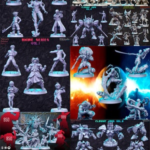 Puede incluir: Un collage de figuras en miniatura, con personajes de varias series de anime y JRPG. Las figuras están pintadas de color gris y se muestran en una variedad de fondos, incluyendo un fondo rojo y negro con el texto "Against the Shadows" y un fondo azul y blanco con el texto "Inside the Magic Forest".