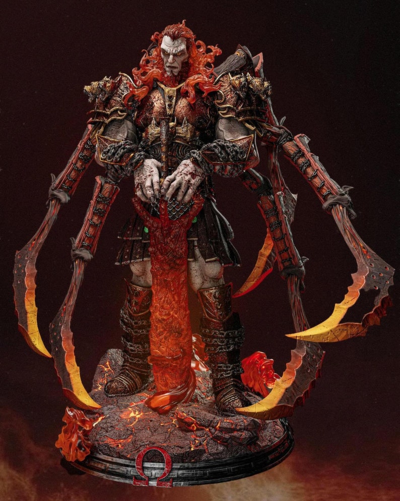 May include: A detailed figurine of a warrior with red hair and intricate armor. The figure holds a fiery weapon and is surrounded by curved blades. The base features a lava-like texture and a red Omega symbol.